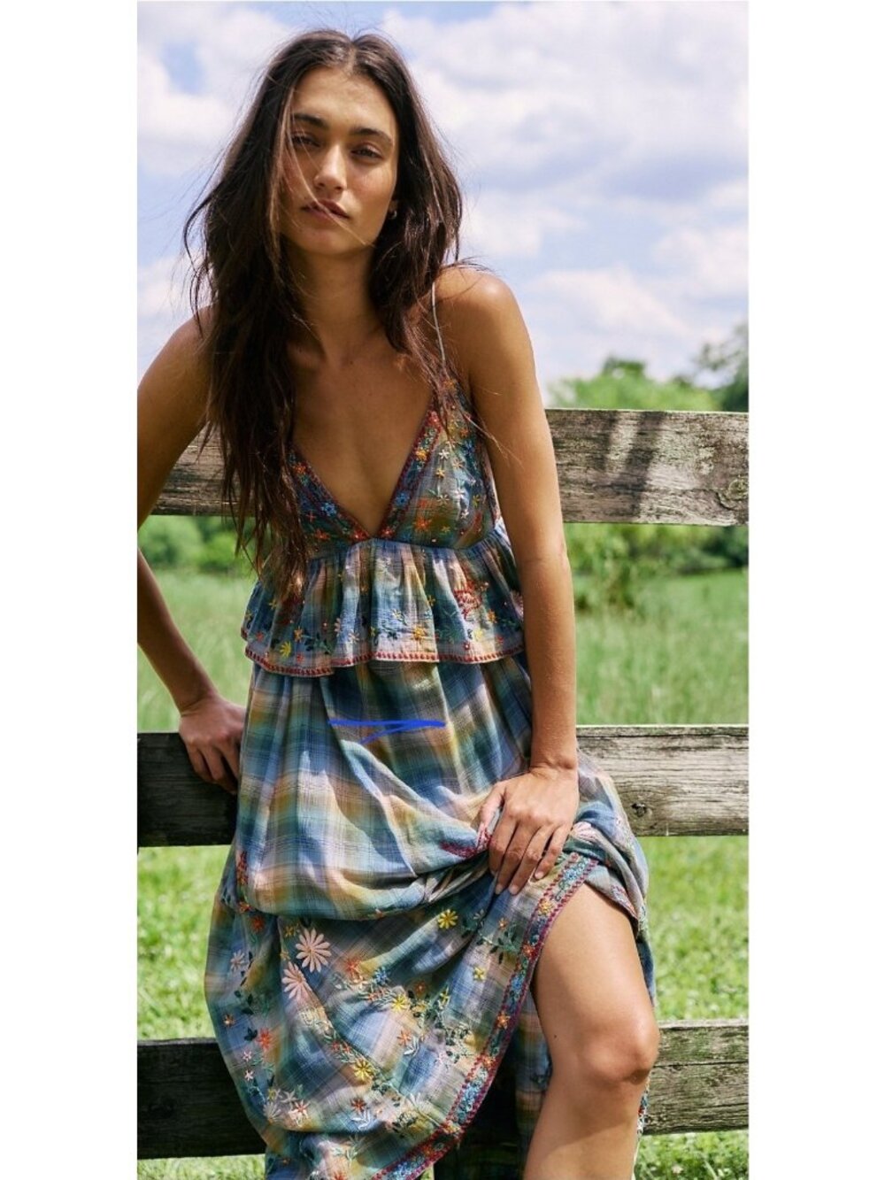 Free People Women’s L Songs Of Summer Ocean Combo Embroidered Maxi Dress